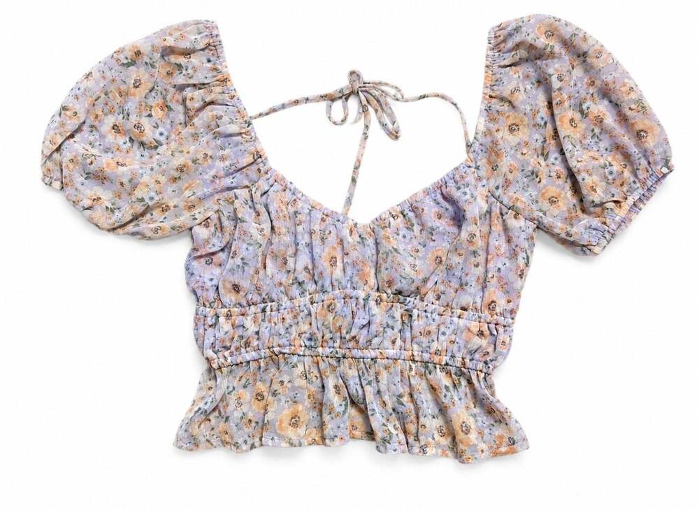 Altar'd State Floral Short Sleeve Smocked Crop Top Size XS